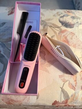 Pink Heated Hair Straightening Brush with Travel Pouch